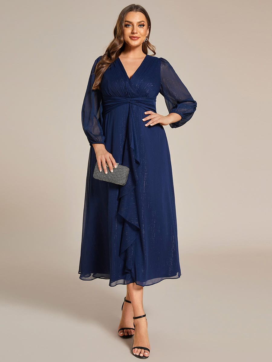 Shimmering Long Sleeve V-Neck Chiffon Twist Knot A-Line Evening Dress #color_Navy Blue