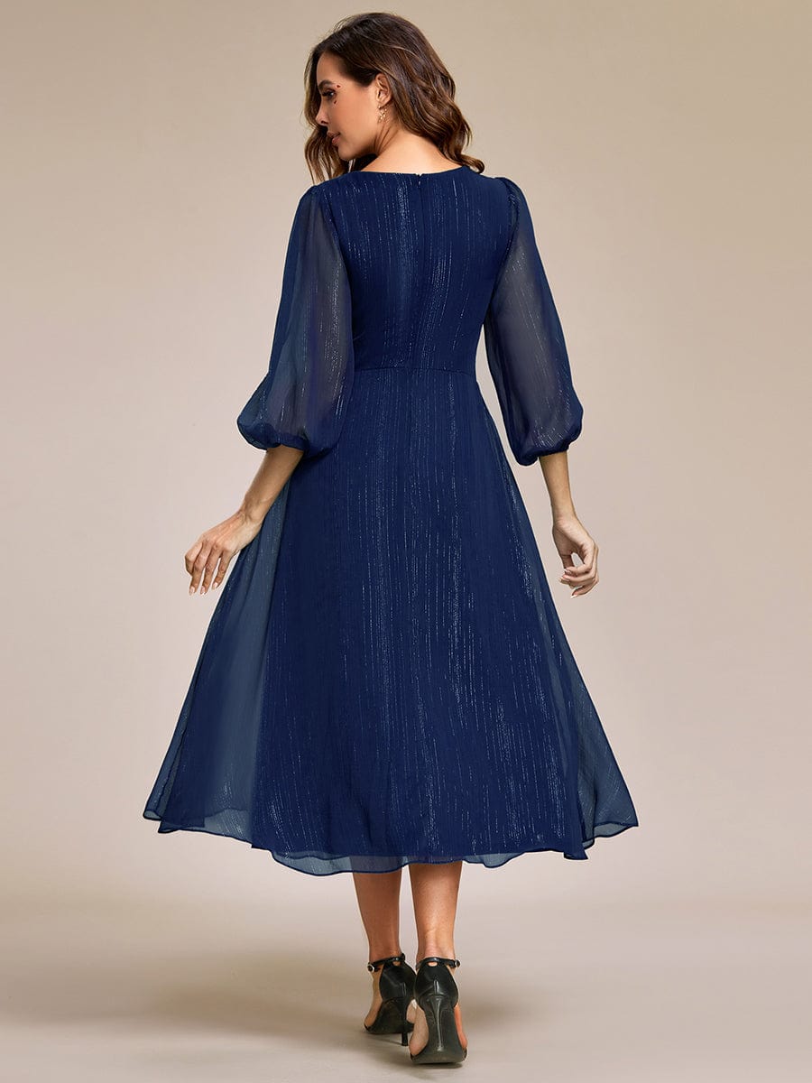 Shimmering Long Sleeve V-Neck Chiffon Twist Knot A-Line Evening Dress #color_Navy Blue