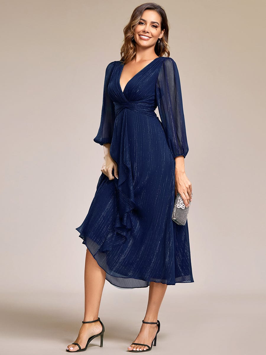 Shimmering Long Sleeve V-Neck Chiffon Twist Knot A-Line Evening Dress #color_Navy Blue