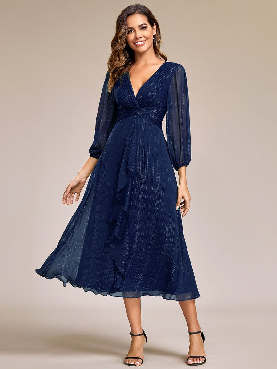 Shimmering Long Sleeve V-Neck Chiffon Twist Knot A-Line Evening Dress #color_Navy Blue