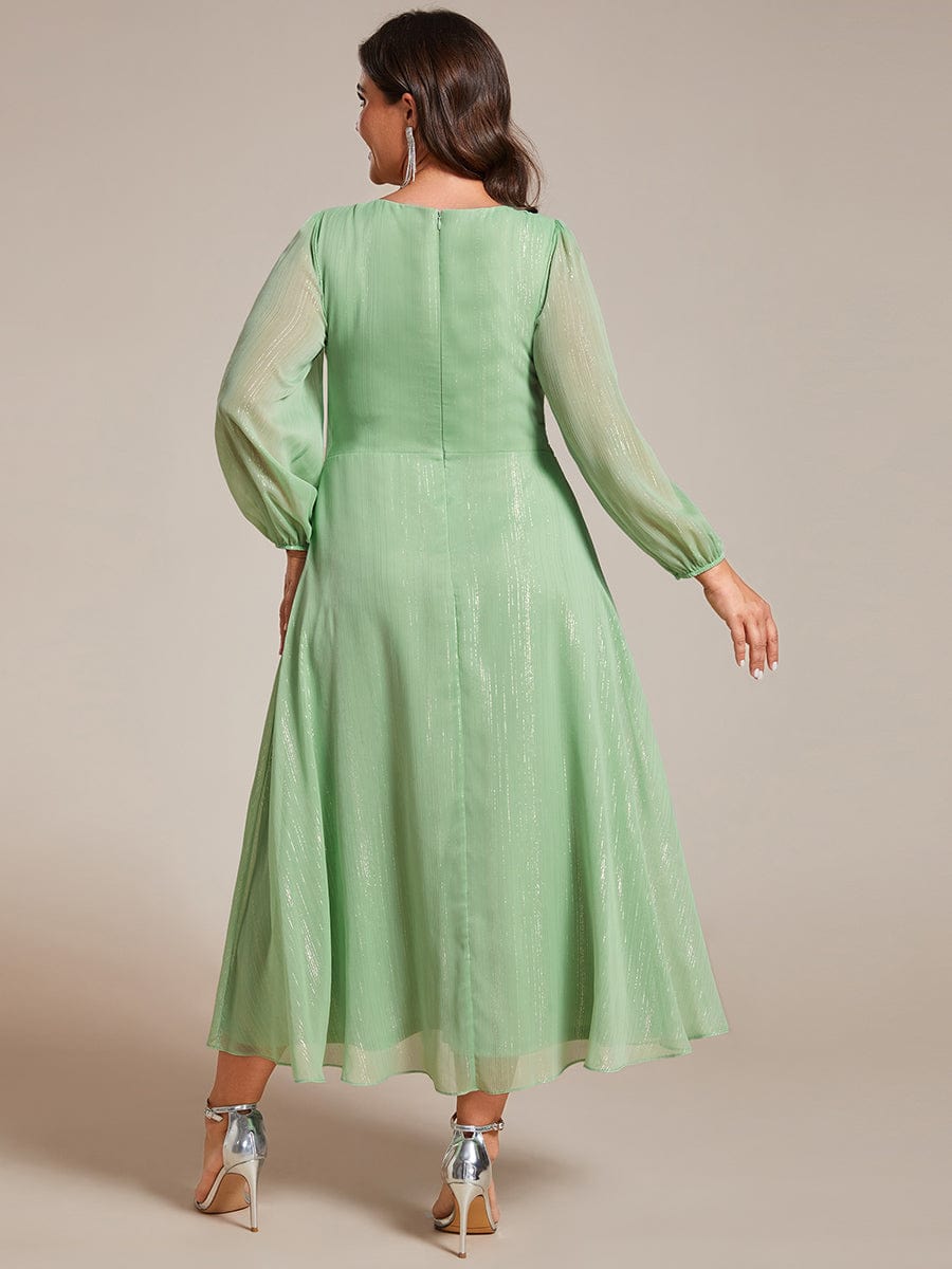 Shimmering Long Sleeve V-Neck Chiffon Twist Knot A-Line Evening Dress #color_Summer Green