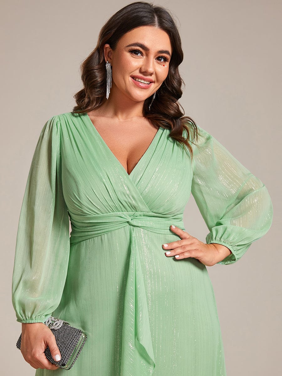 Shimmering Long Sleeve V-Neck Chiffon Twist Knot A-Line Evening Dress #color_Summer Green