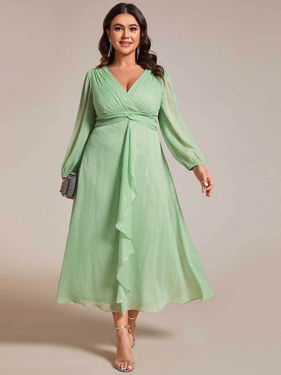 Shimmering Long Sleeve V-Neck Chiffon Twist Knot A-Line Evening Dress #color_Summer Green