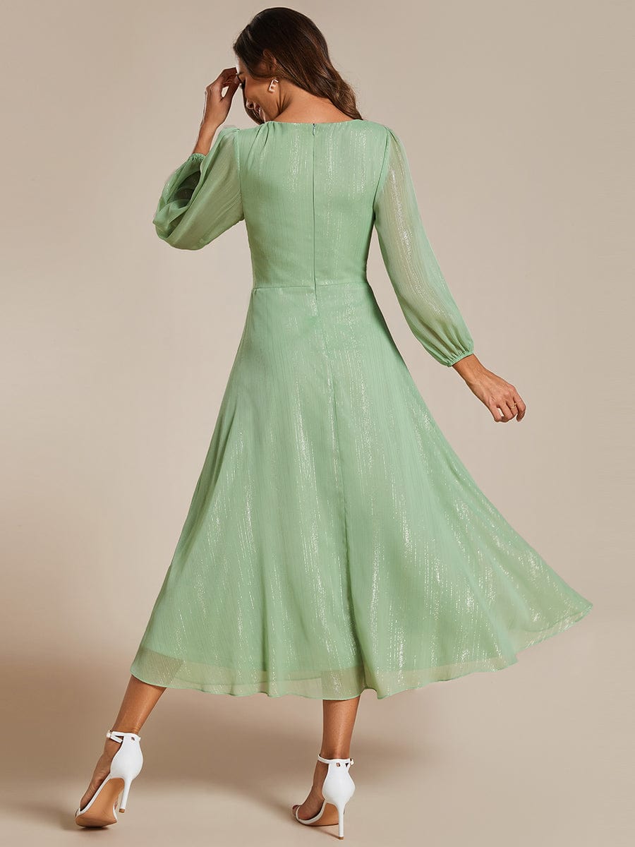 Shimmering Long Sleeve V-Neck Chiffon Twist Knot A-Line Evening Dress #color_Summer Green