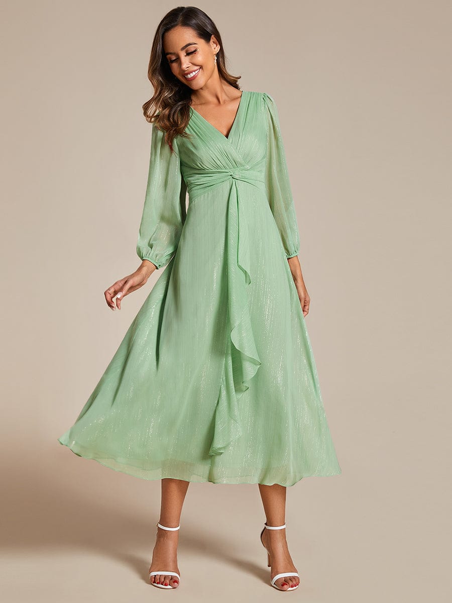 Shimmering Long Sleeve V-Neck Chiffon Twist Knot A-Line Evening Dress #color_Summer Green