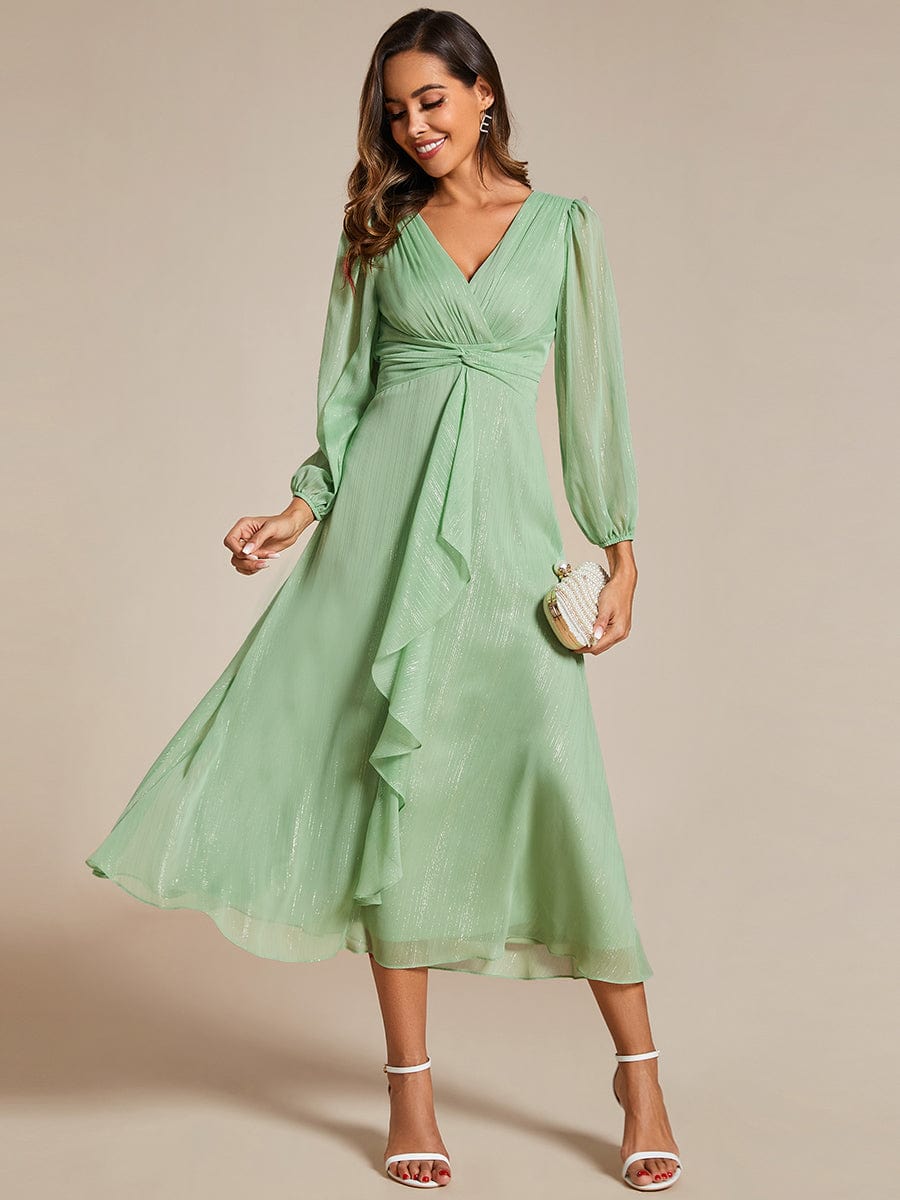 Shimmering Long Sleeve V-Neck Chiffon Twist Knot A-Line Evening Dress #color_Summer Green