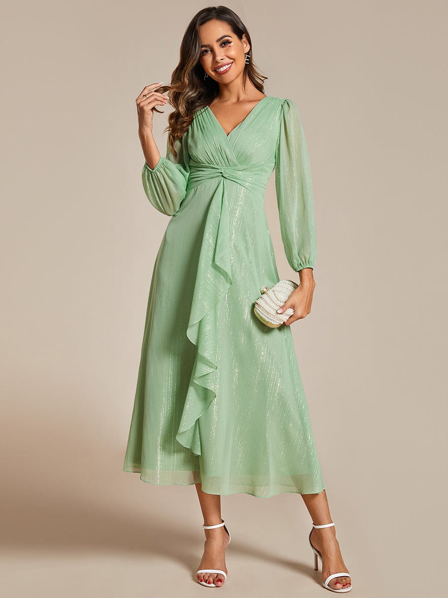 Shimmering Long Sleeve V-Neck Chiffon Twist Knot A-Line Evening Dress #color_Summer Green