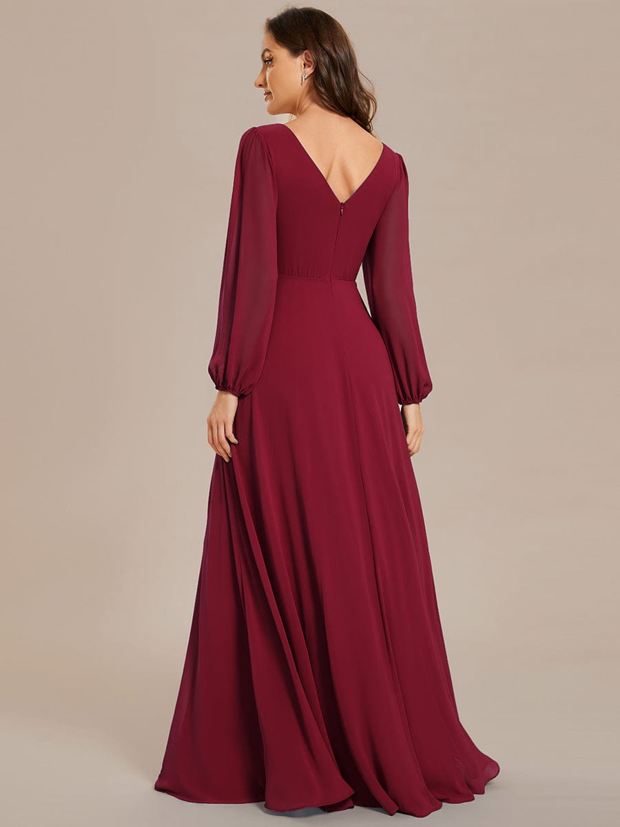 Pleated Double V-Neck Long Sleeves Shiny Belt Chiffon Evening Dress #color_Burgundy