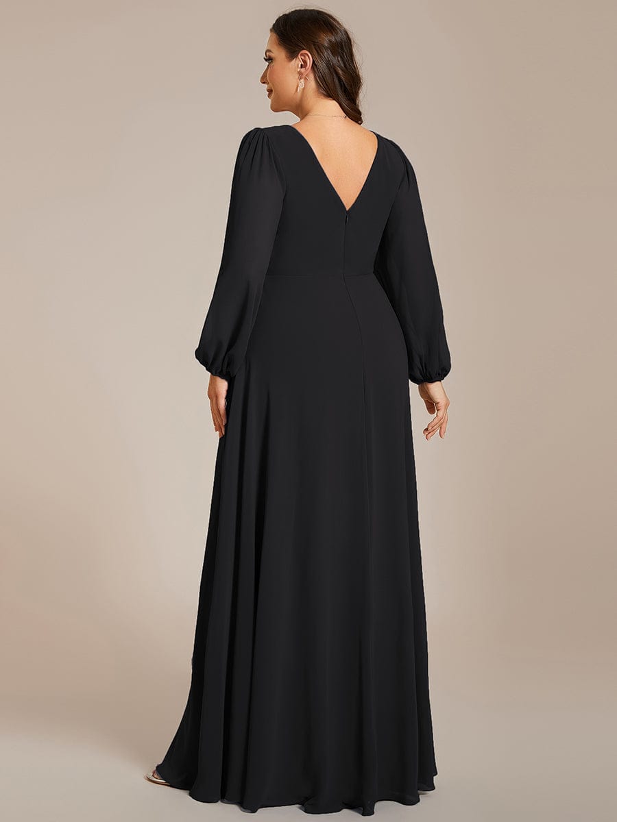 Pleated Double V-Neck Long Sleeves Shiny Belt Chiffon Evening Dress #color_Black