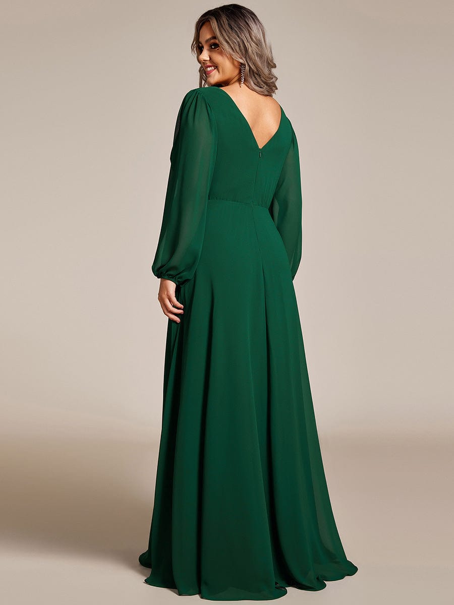 Pleated Double V-Neck Long Sleeves Shiny Belt Chiffon Evening Dress #color_Dark Green