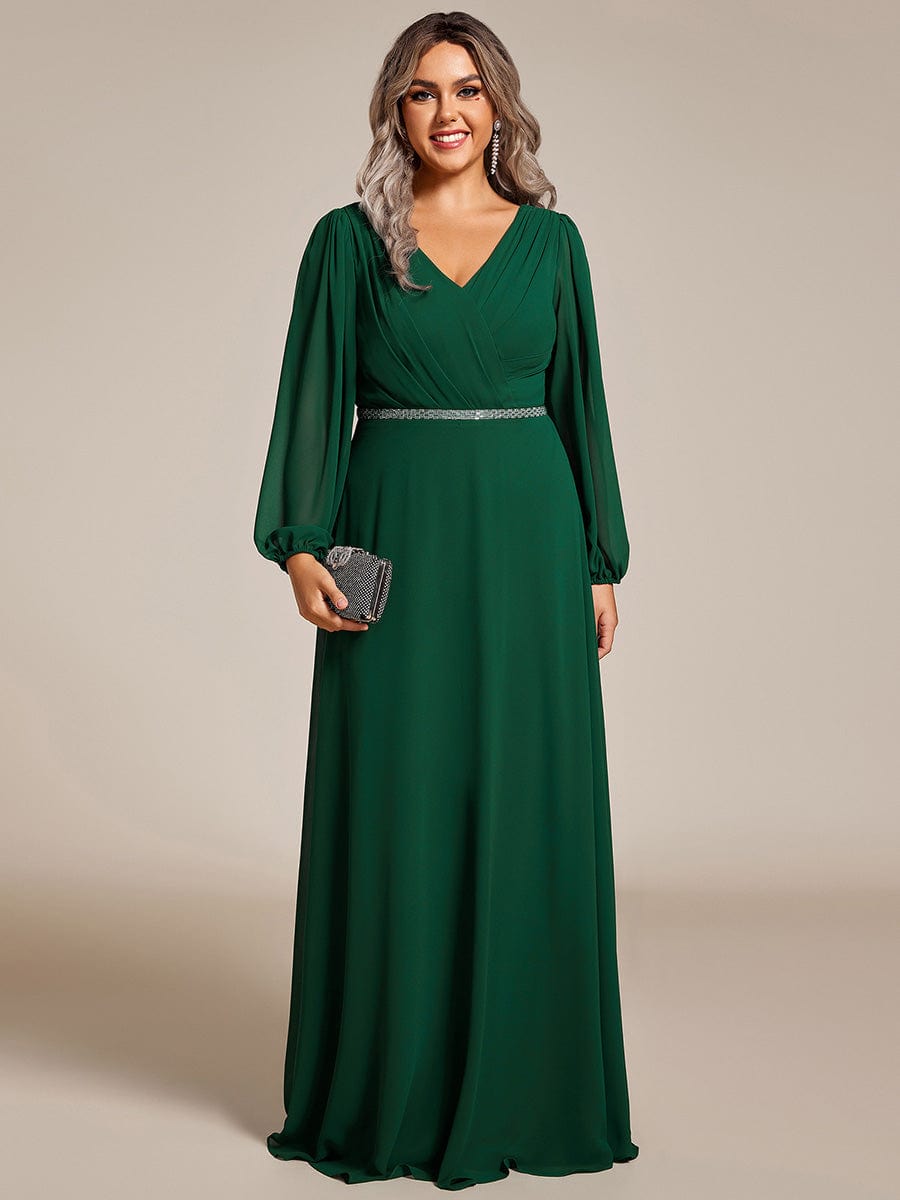 Pleated Double V-Neck Long Sleeves Shiny Belt Chiffon Evening Dress #color_Dark Green