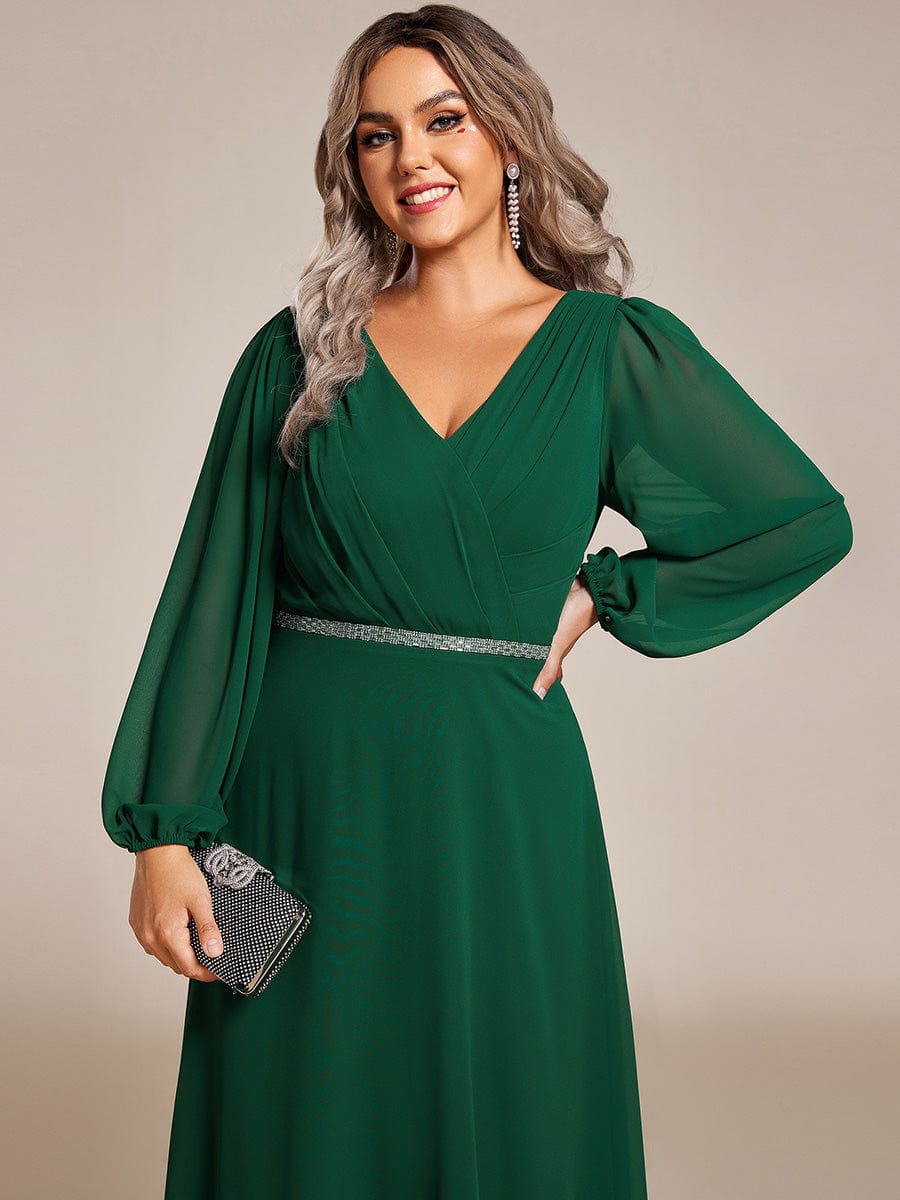 Pleated Double V-Neck Long Sleeves Shiny Belt Chiffon Evening Dress #color_Dark Green