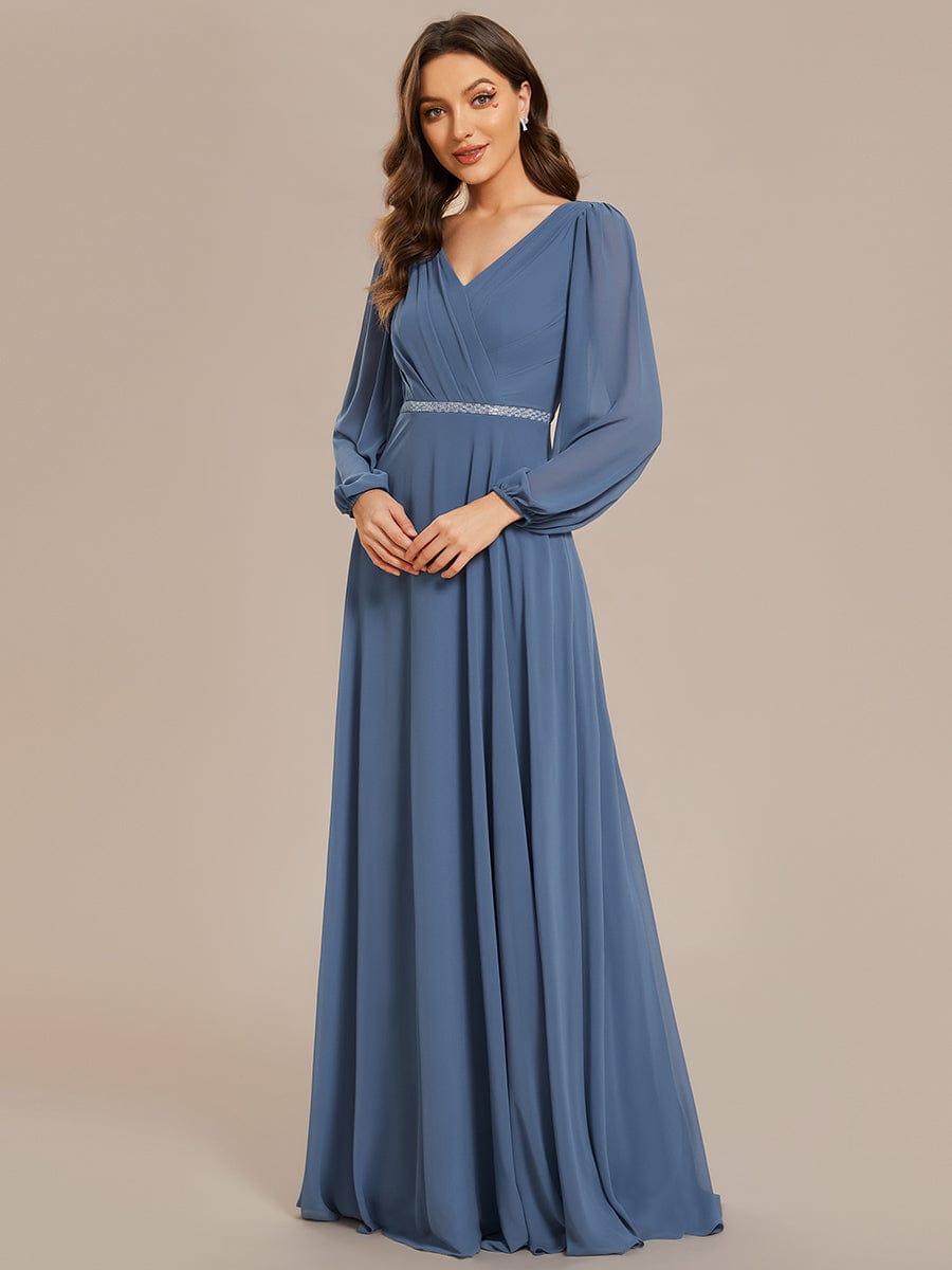 Pleated Double V-Neck Long Sleeves Shiny Belt Chiffon Evening Dress #color_Dusty Blue