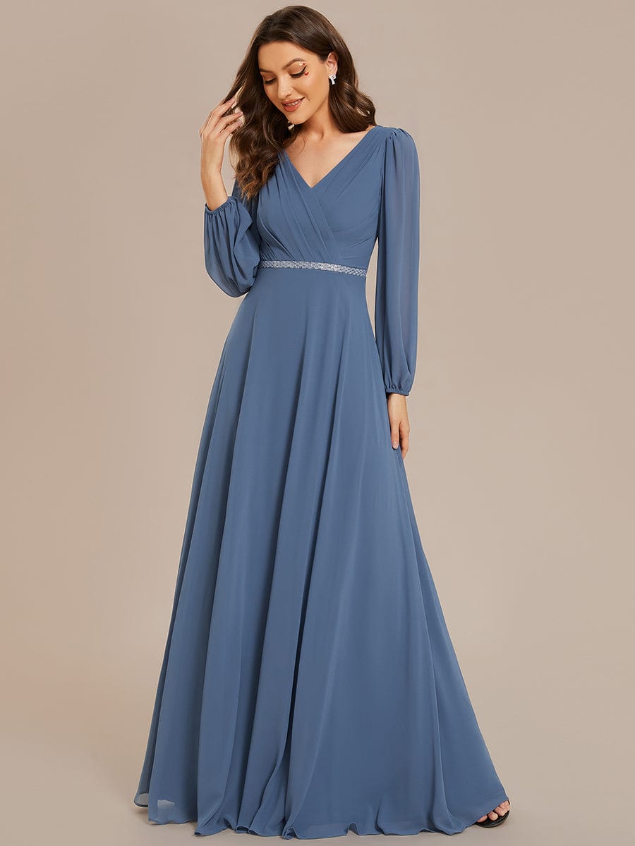 Pleated Double V-Neck Long Sleeves Shiny Belt Chiffon Evening Dress #color_Dusty Blue