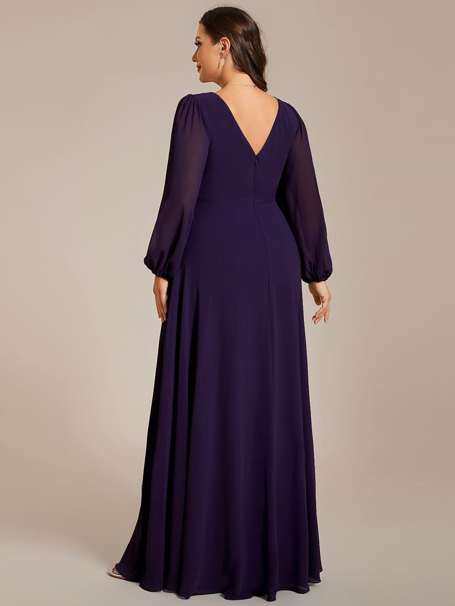 Pleated Double V-Neck Long Sleeves Shiny Belt Chiffon Evening Dress #color_Dark Purple