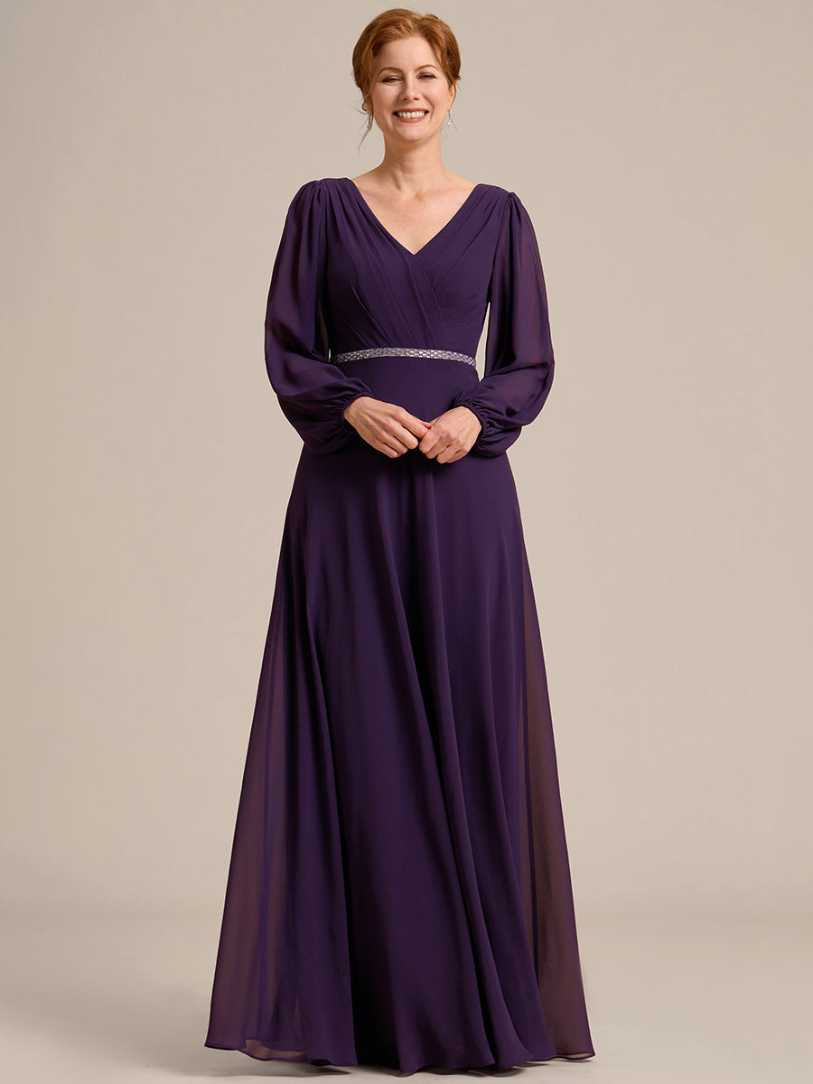 Pleated Double V-Neck Long Sleeves Shiny Belt Chiffon Evening Dress #color_Dark Purple