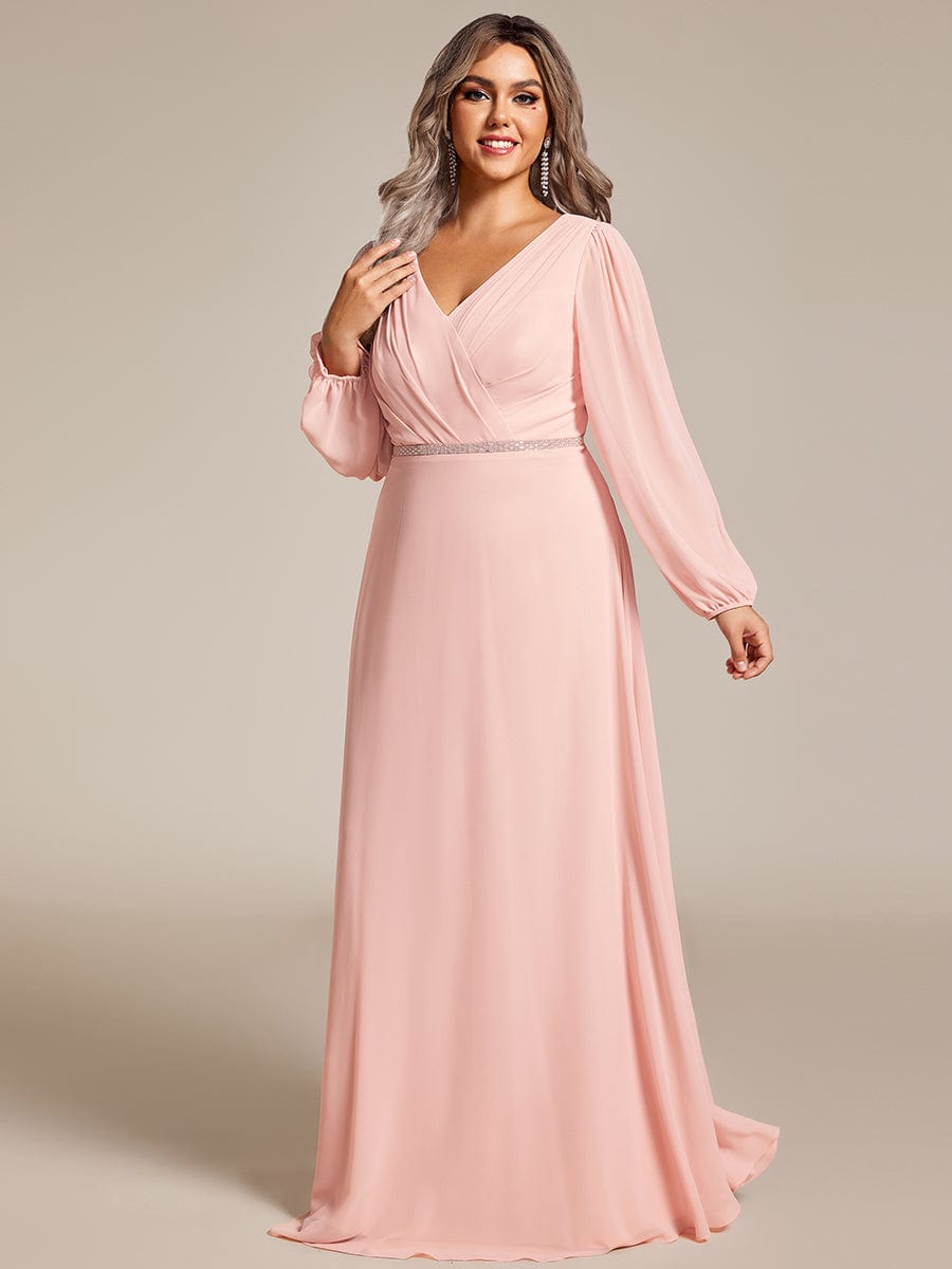 Pleated Double V-Neck Long Sleeves Shiny Belt Chiffon Evening Dress #color_Pink