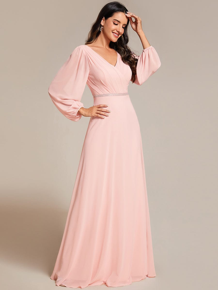 Pleated Double V-Neck Long Sleeves Shiny Belt Chiffon Evening Dress #color_Pink