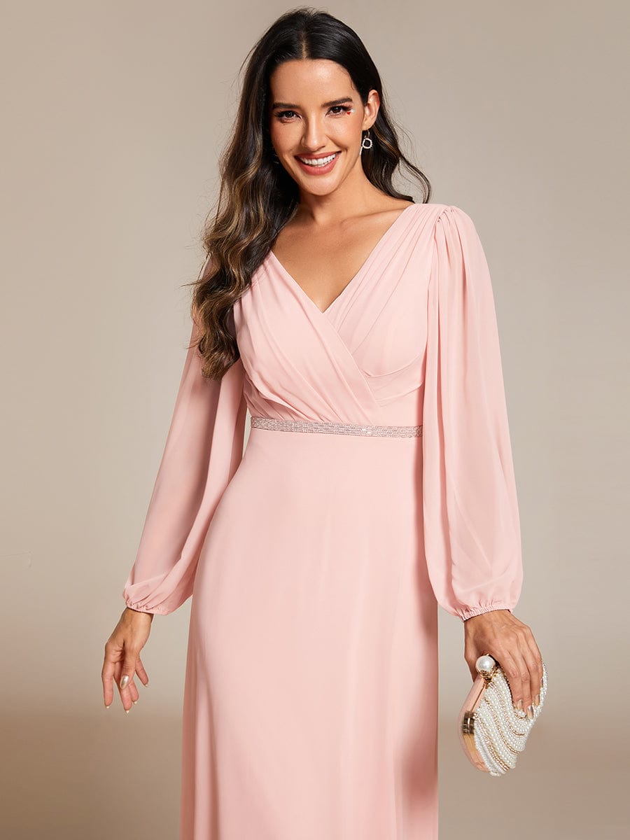 Pleated Double V-Neck Long Sleeves Shiny Belt Chiffon Evening Dress #color_Pink