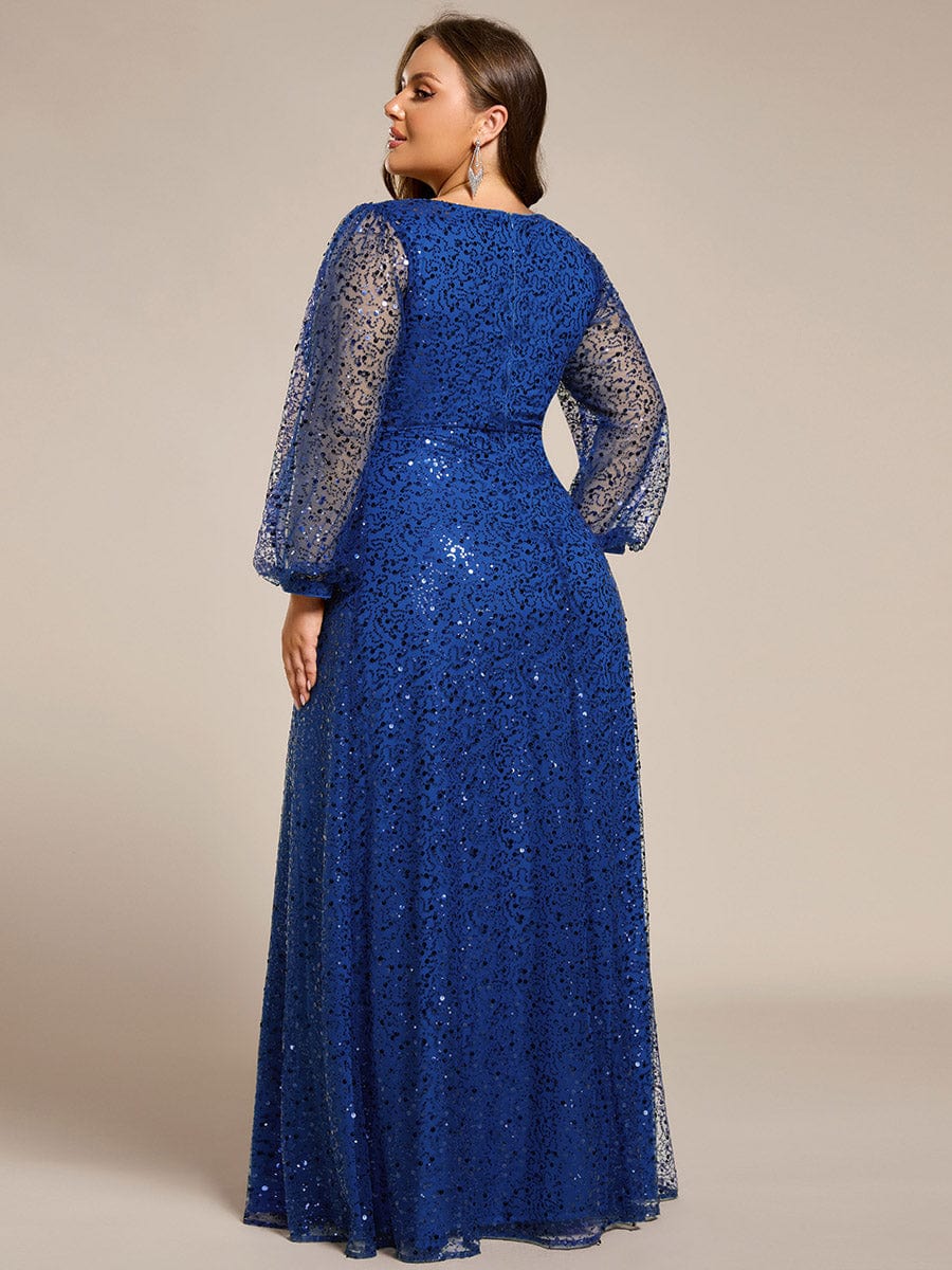 V-Neck Lantern Long Sleeve Sequin A-Line Evening Dress #color_Sapphire Blue