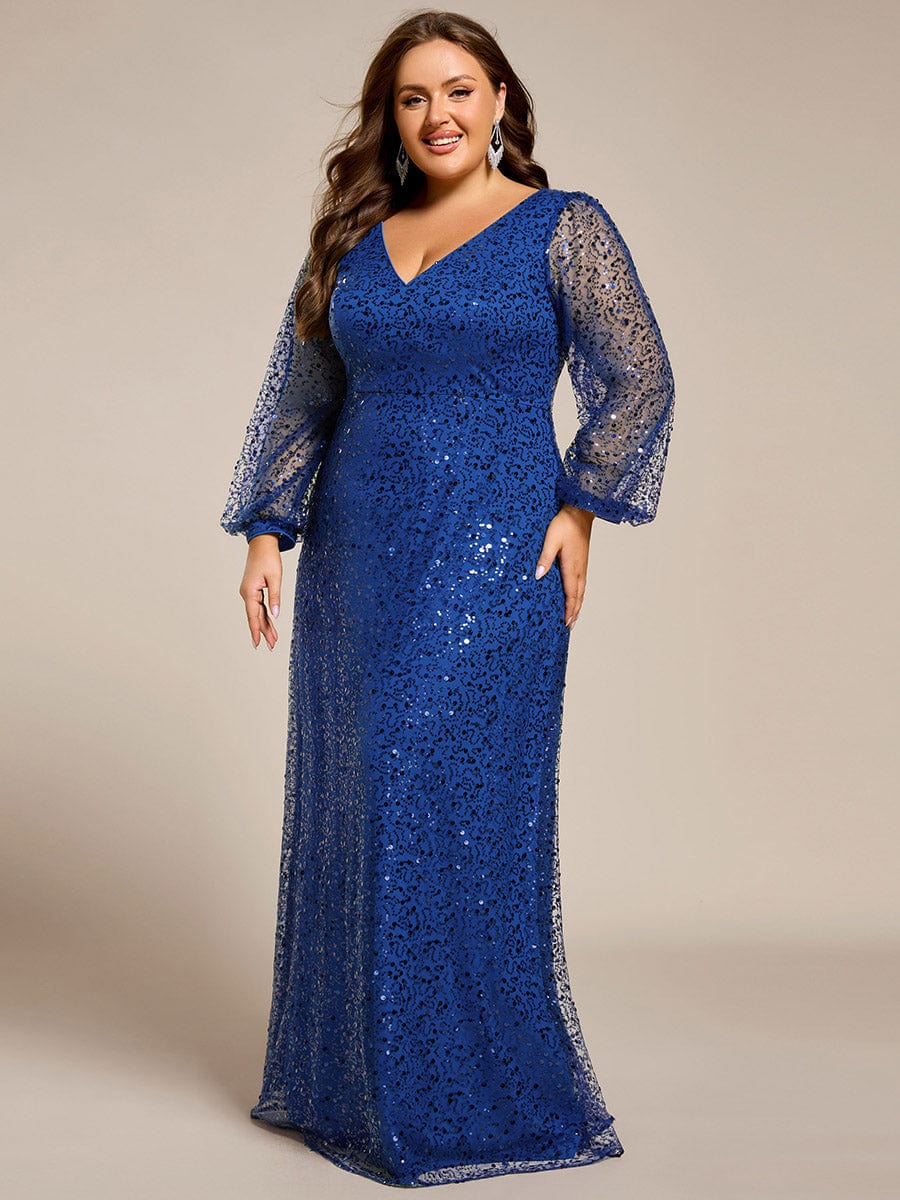 V-Neck Lantern Long Sleeve Sequin A-Line Evening Dress #color_Sapphire Blue