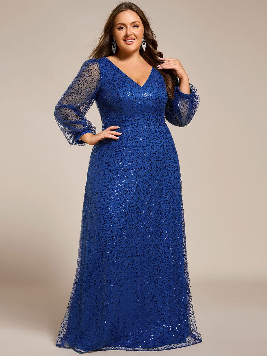 V-Neck Lantern Long Sleeve Sequin A-Line Evening Dress #color_Sapphire Blue