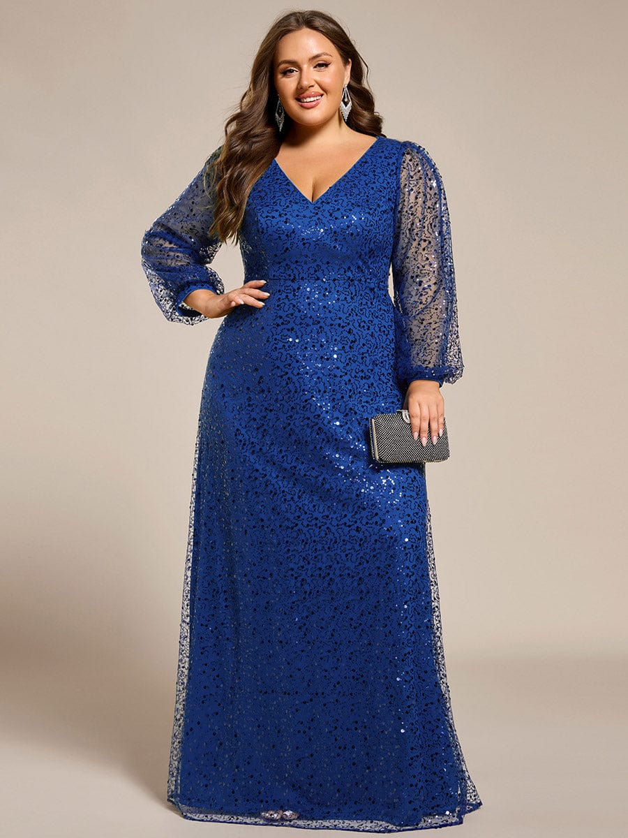 V-Neck Lantern Long Sleeve Sequin A-Line Evening Dress #color_Sapphire Blue