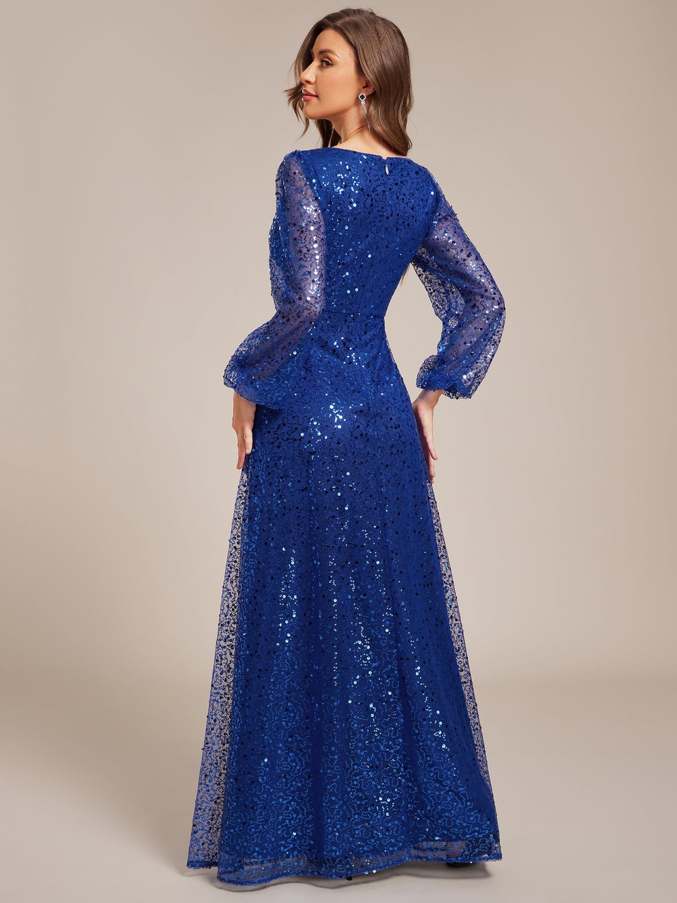 V-Neck Lantern Long Sleeve Sequin A-Line Evening Dress #color_Sapphire Blue