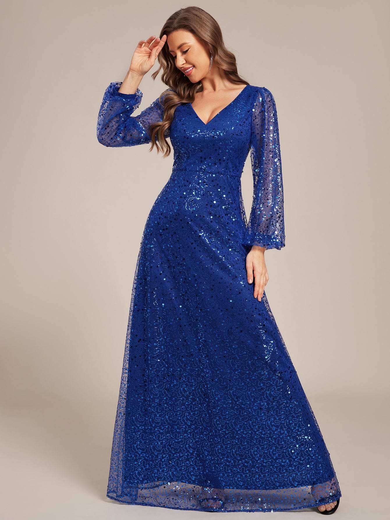 V-Neck Lantern Long Sleeve Sequin A-Line Evening Dress #color_Sapphire Blue