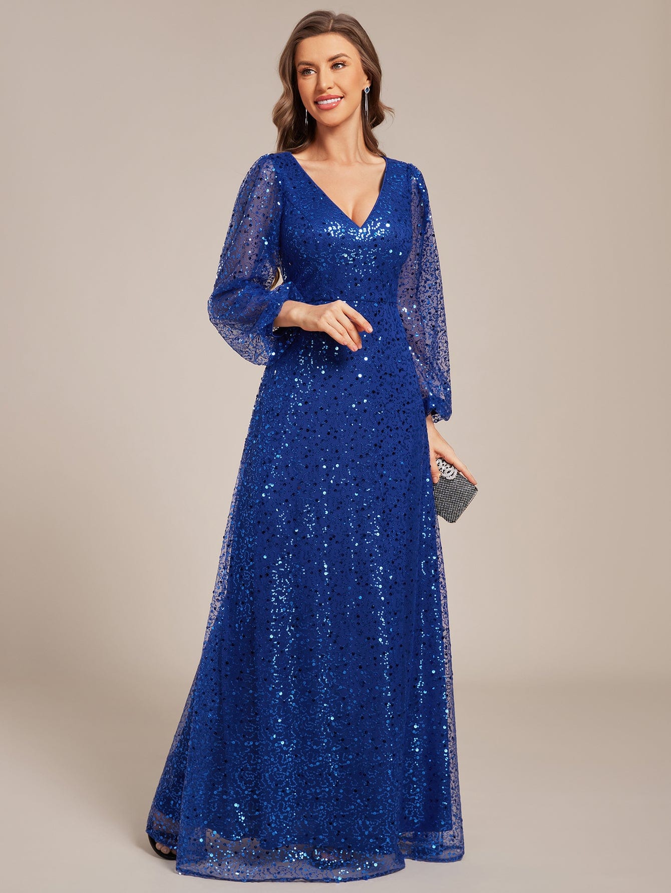 V-Neck Lantern Long Sleeve Sequin A-Line Evening Dress #color_Sapphire Blue