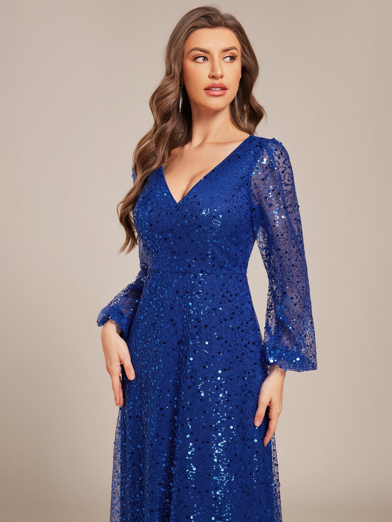 V-Neck Lantern Long Sleeve Sequin A-Line Evening Dress #color_Sapphire Blue