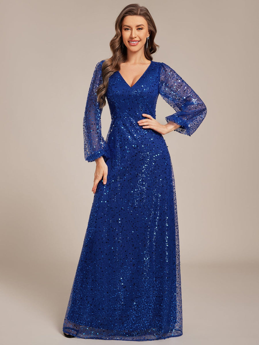 V-Neck Lantern Long Sleeve Sequin A-Line Evening Dress #color_Sapphire Blue