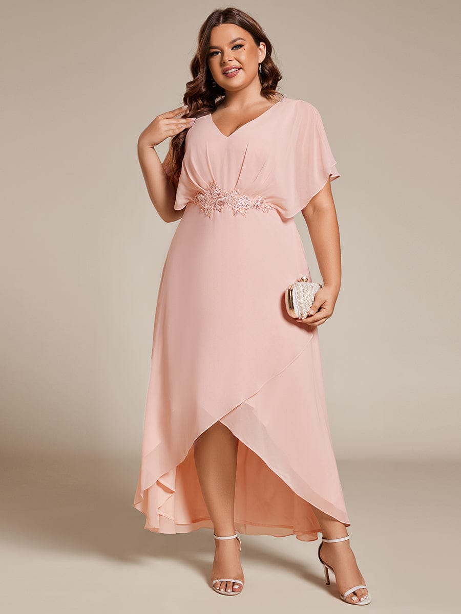 Plus Size Waist Applique A-Line Chiffon V-Neck Evening Dress #color_Pink