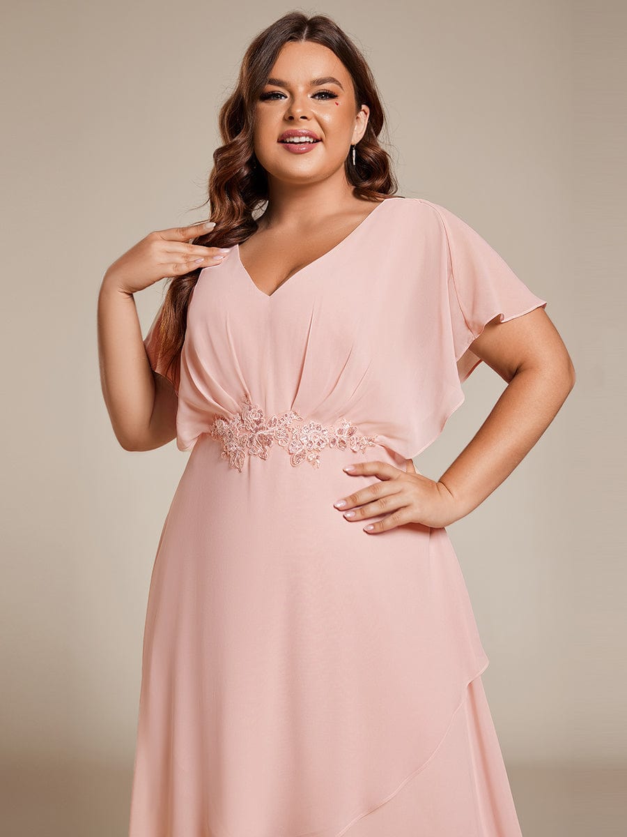 Plus Size Waist Applique A-Line Chiffon V-Neck Evening Dress #color_Pink