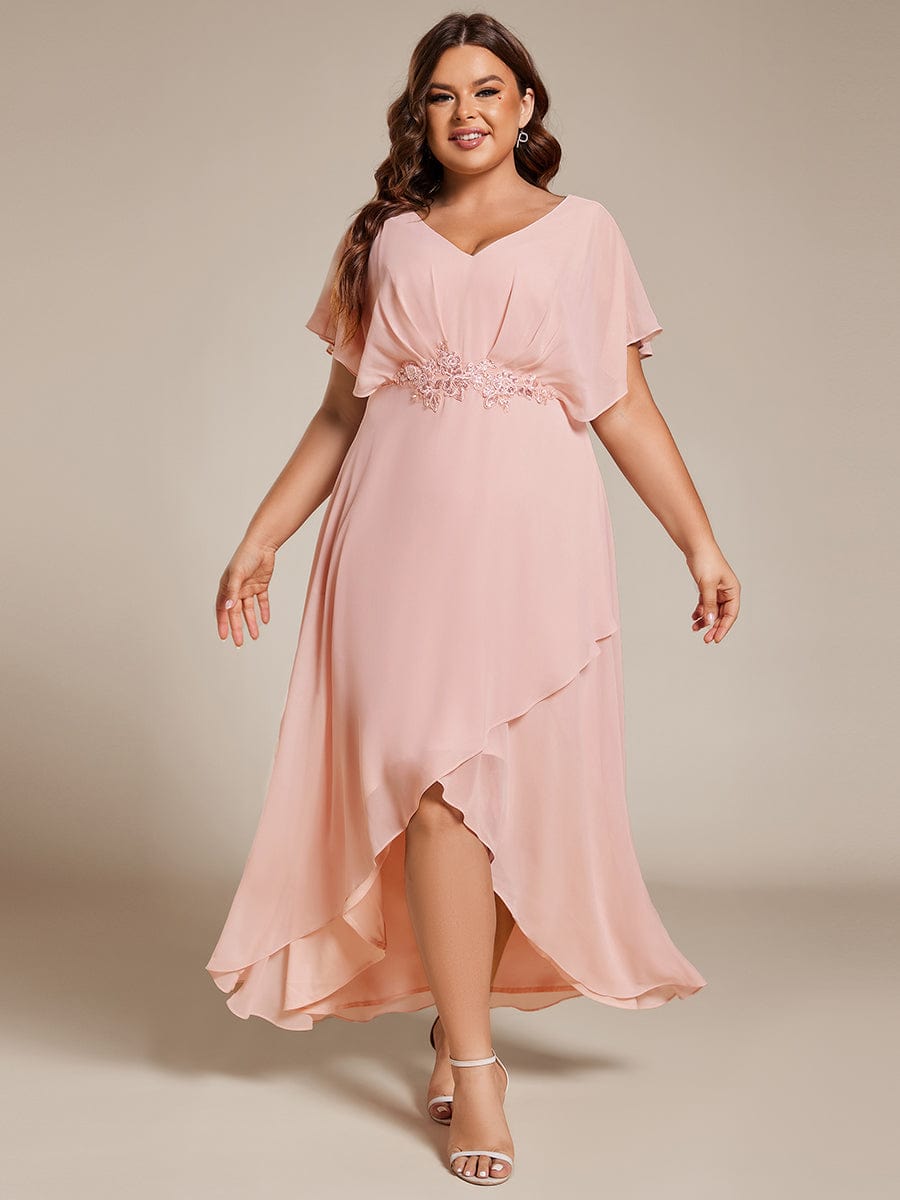 Waist Applique A-Line Chiffon V-Neck Evening Dress #color_Pink