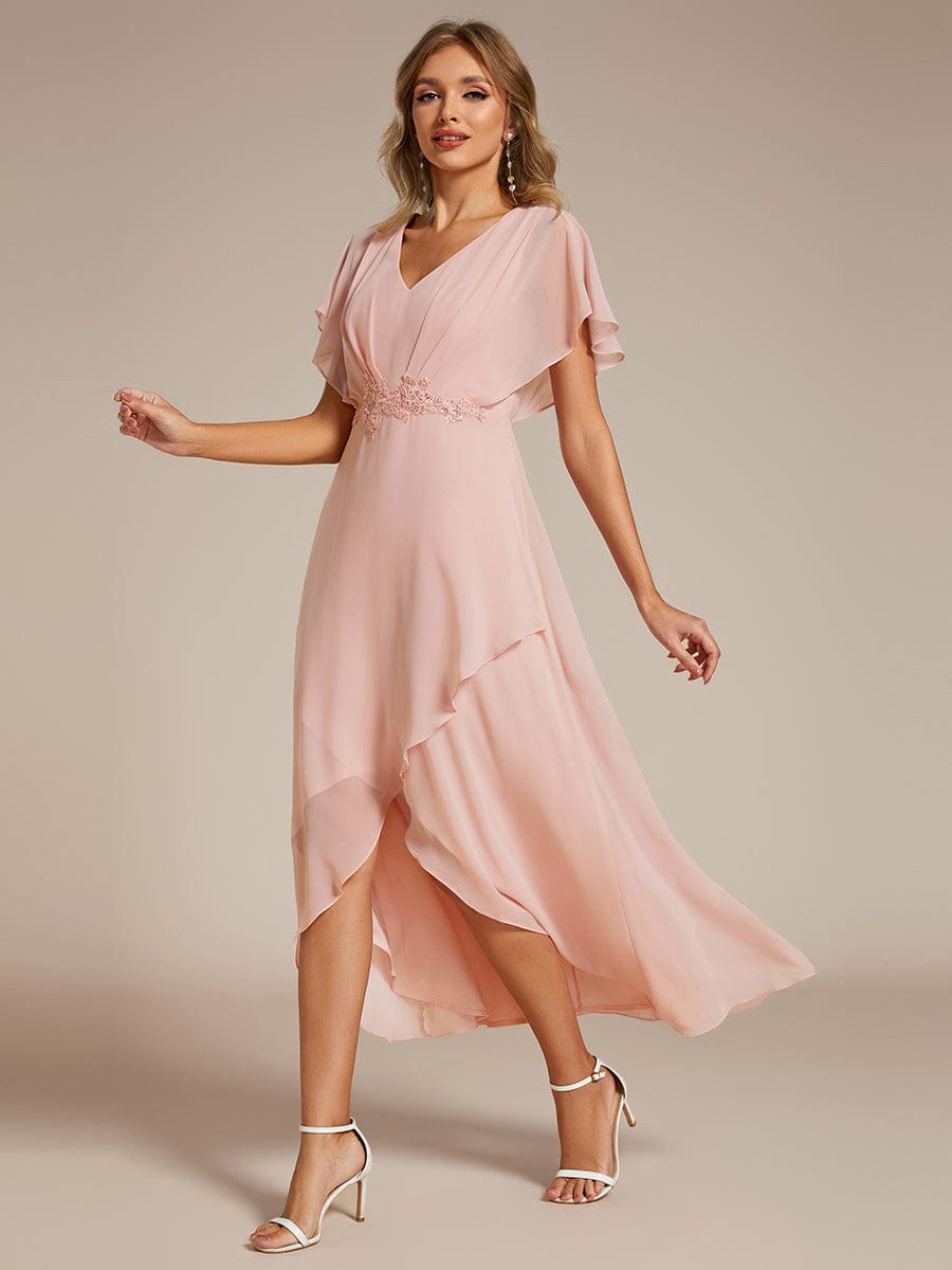 Waist Applique A-Line Chiffon V-Neck Evening Dress #color_Pink