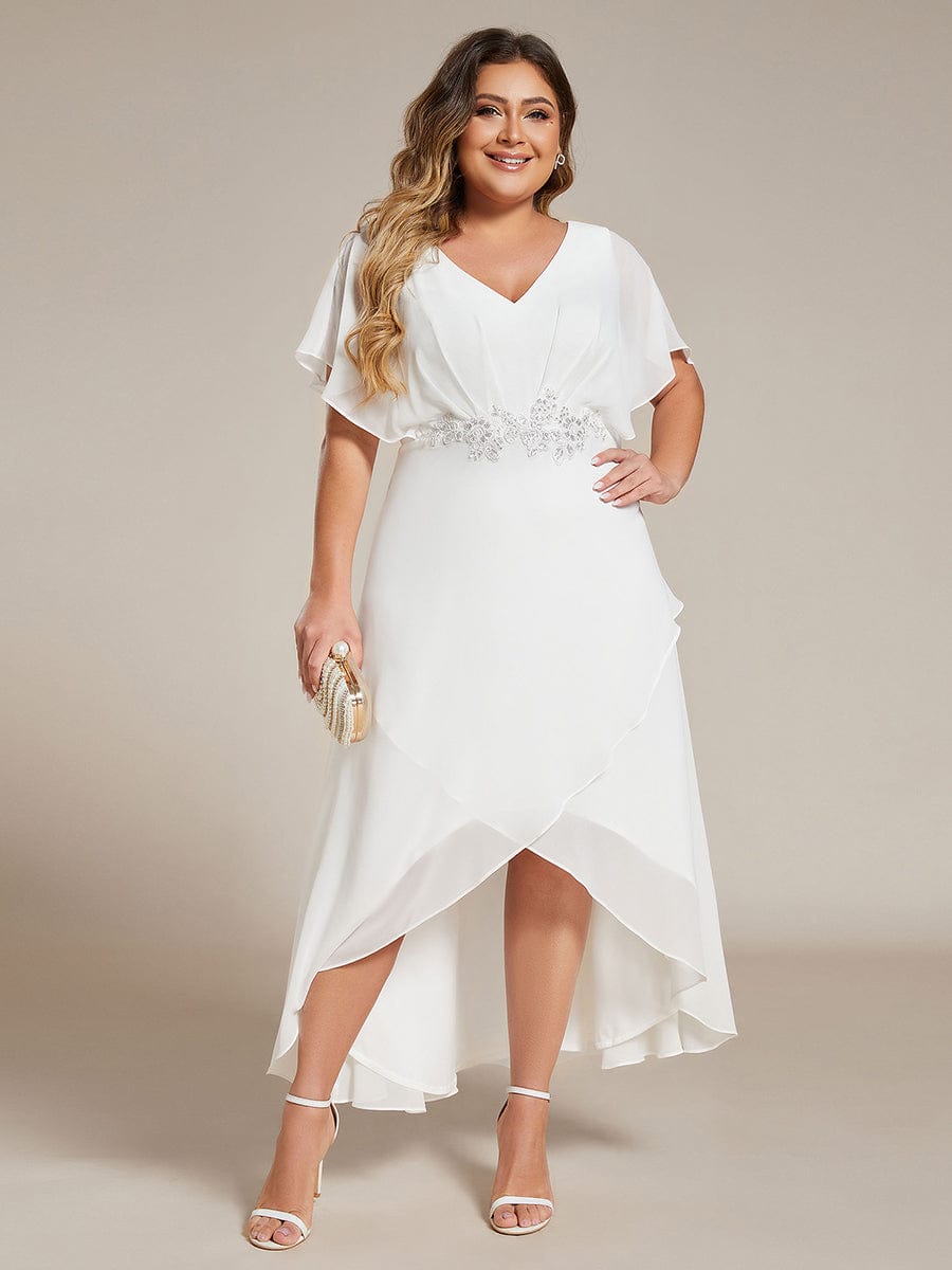 Plus Size Waist Applique A-Line Chiffon V-Neck Evening Dress #color_White