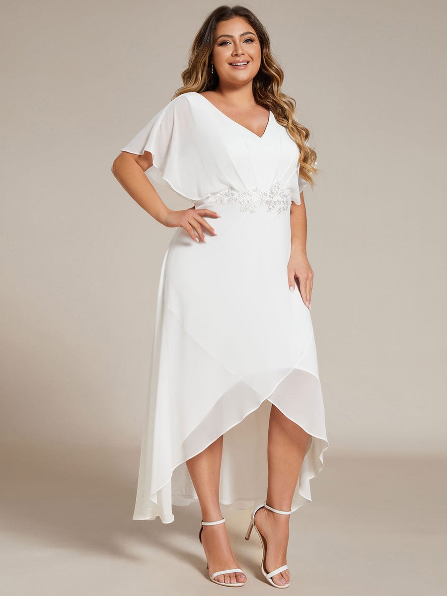 Plus Size Waist Applique A-Line Chiffon V-Neck Evening Dress #color_White