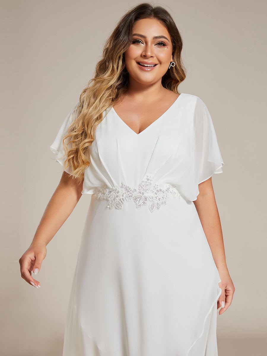 Plus Size Waist Applique A-Line Chiffon V-Neck Evening Dress #color_White