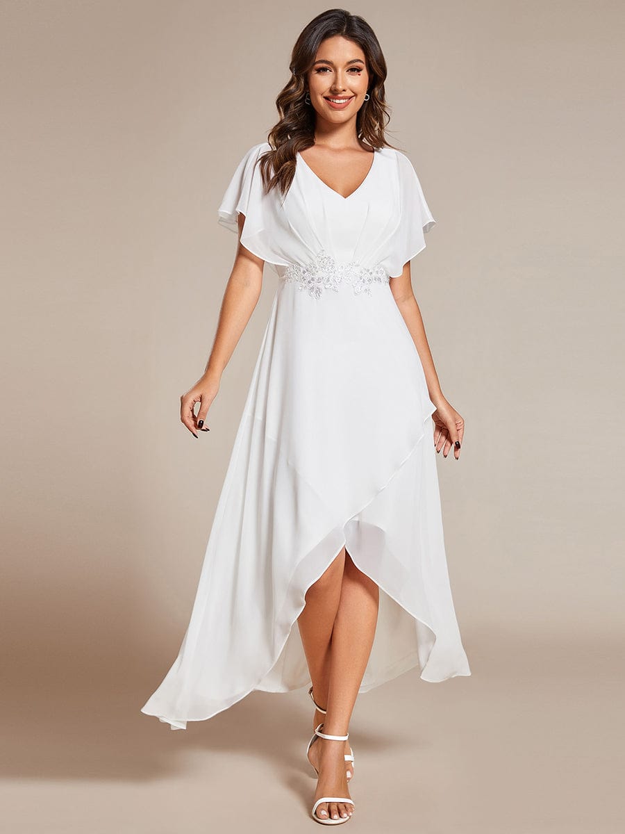 Waist Applique A-Line Chiffon V-Neck Evening Dress #color_White