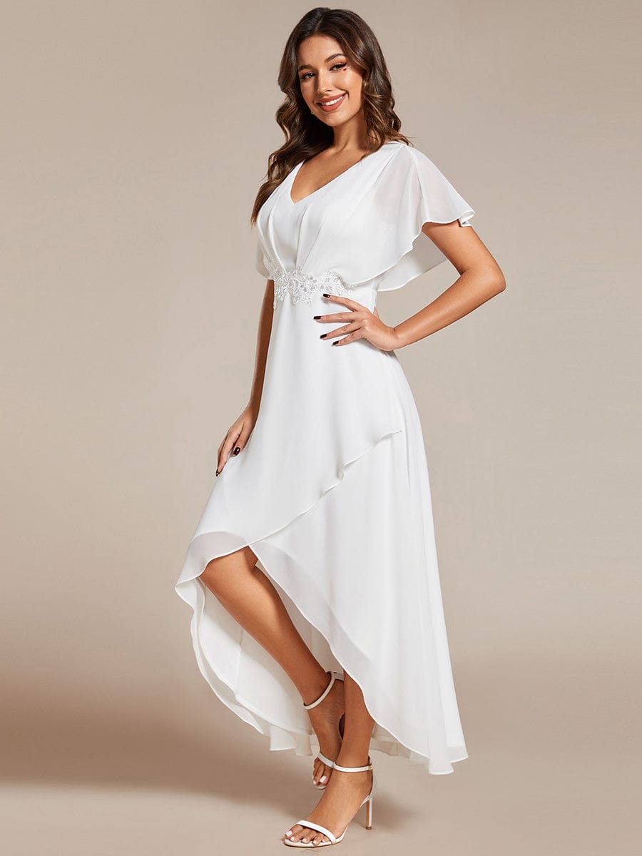 Waist Applique A-Line Chiffon V-Neck Evening Dress #color_White