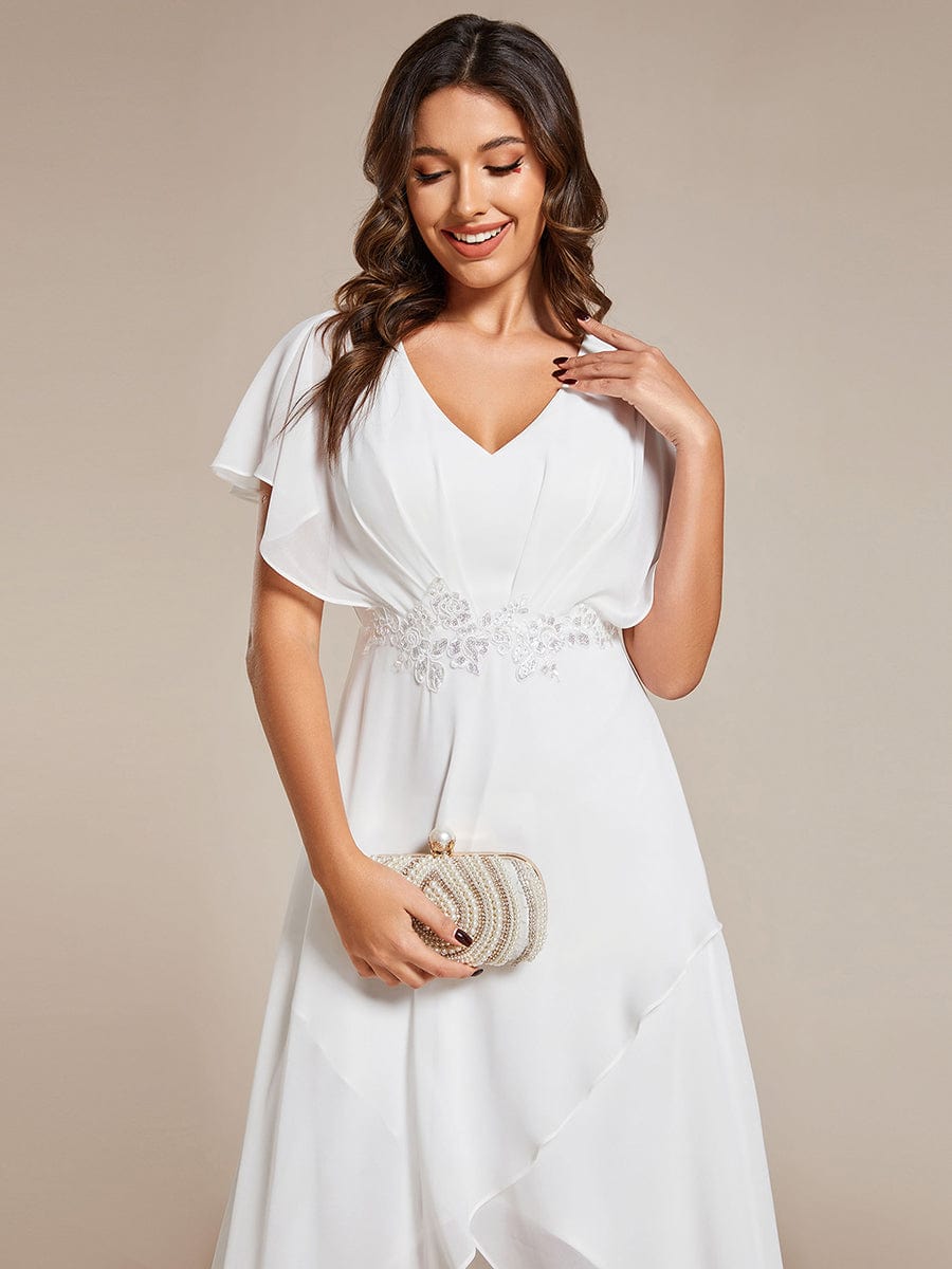 Waist Applique A-Line Chiffon V-Neck Evening Dress #color_White