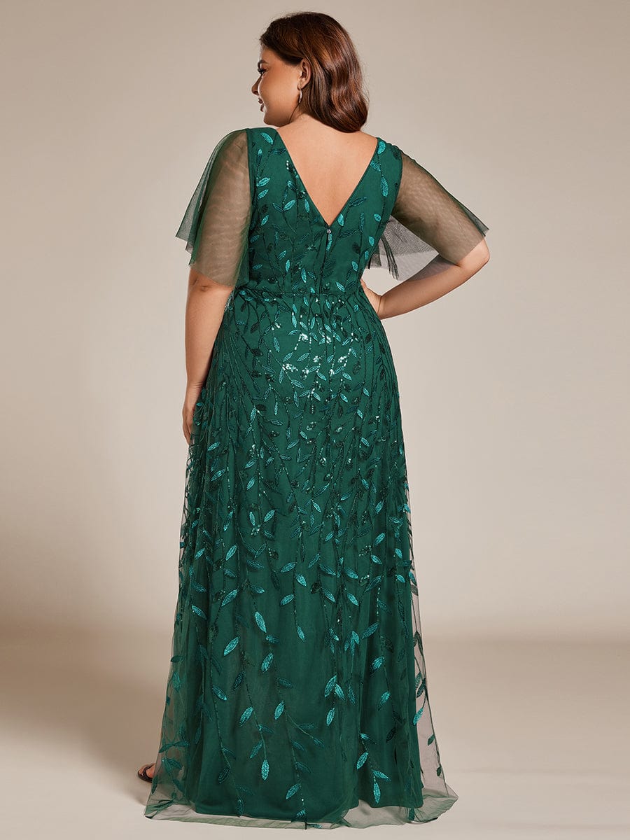 Plus Size V-Neck Sequined Evening Dresses with High Slit #color_Dark Green