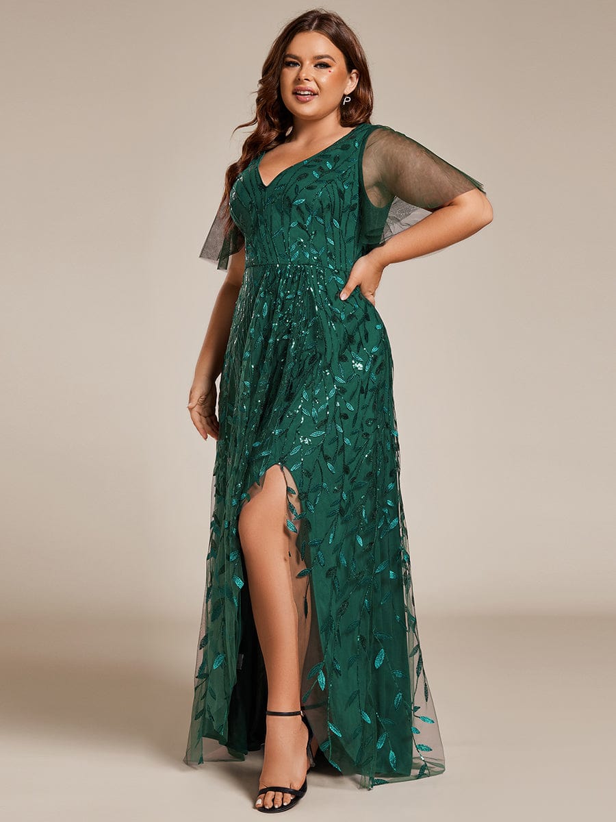 Plus Size V-Neck Sequined Evening Dresses with High Slit #color_Dark Green