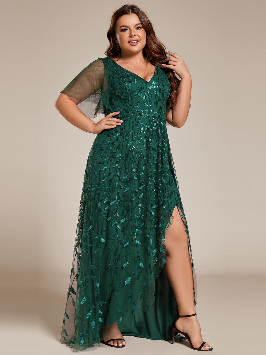 Plus Size V-Neck Sequined Evening Dresses with High Slit #color_Dark Green