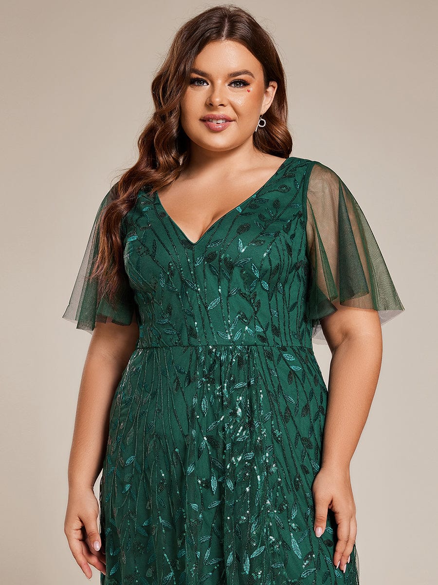 Plus Size V-Neck Sequined Evening Dresses with High Slit #color_Dark Green