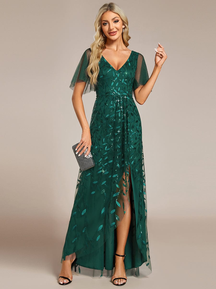 V-Neck Sequined Evening Dresses with High Slit #color_Dark Green