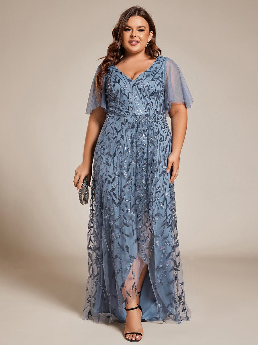 Plus Size V-Neck Sequined Evening Dresses with High Slit #color_Dusty Navy