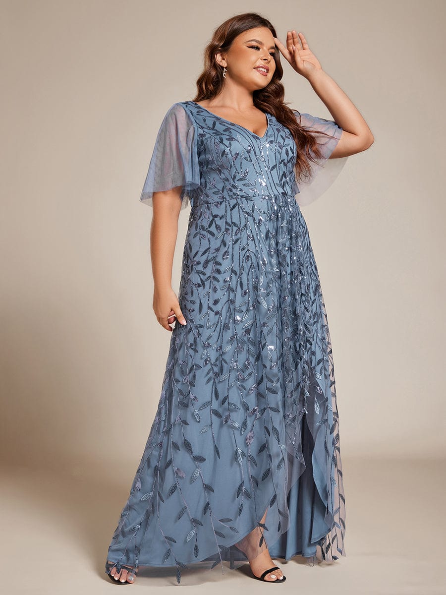 Plus Size V-Neck Sequined Evening Dresses with High Slit #color_Dusty Navy