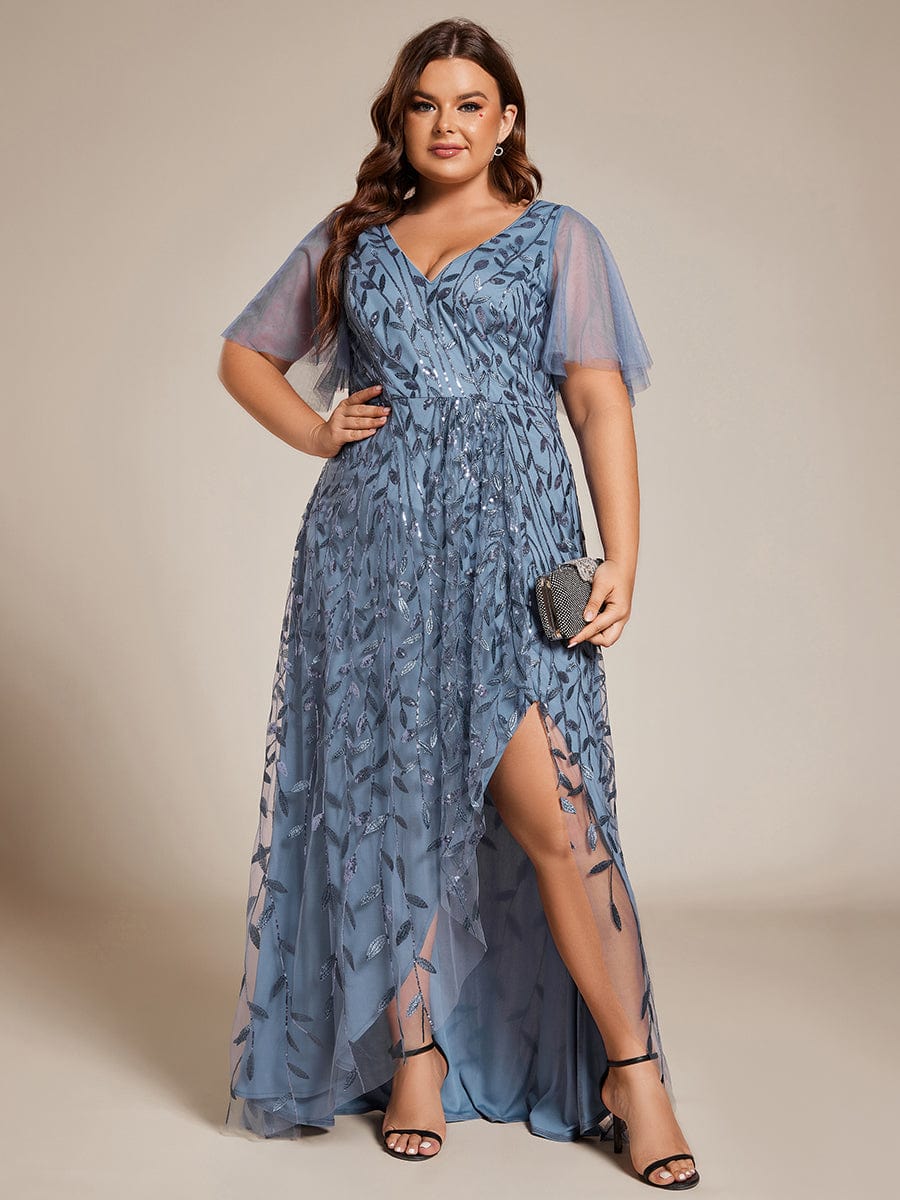 Plus Size V-Neck Sequined Evening Dresses with High Slit #color_Dusty Navy